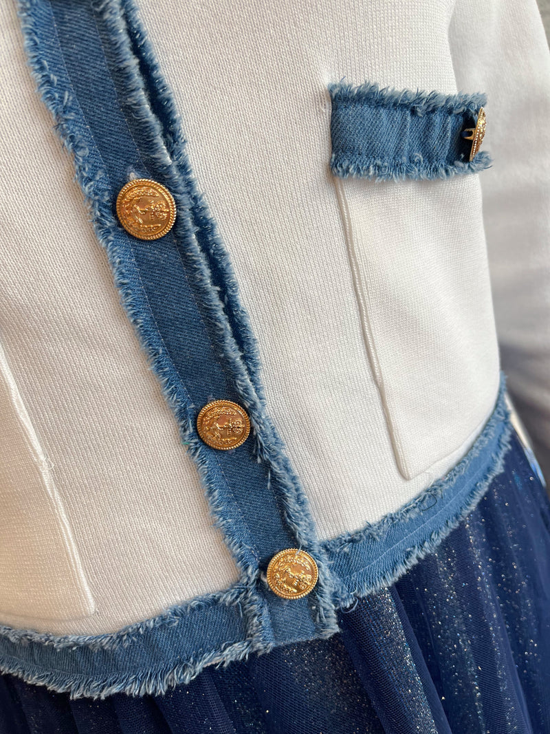 Tori Denim Trim & Gold Button Knit Cardi - Off White