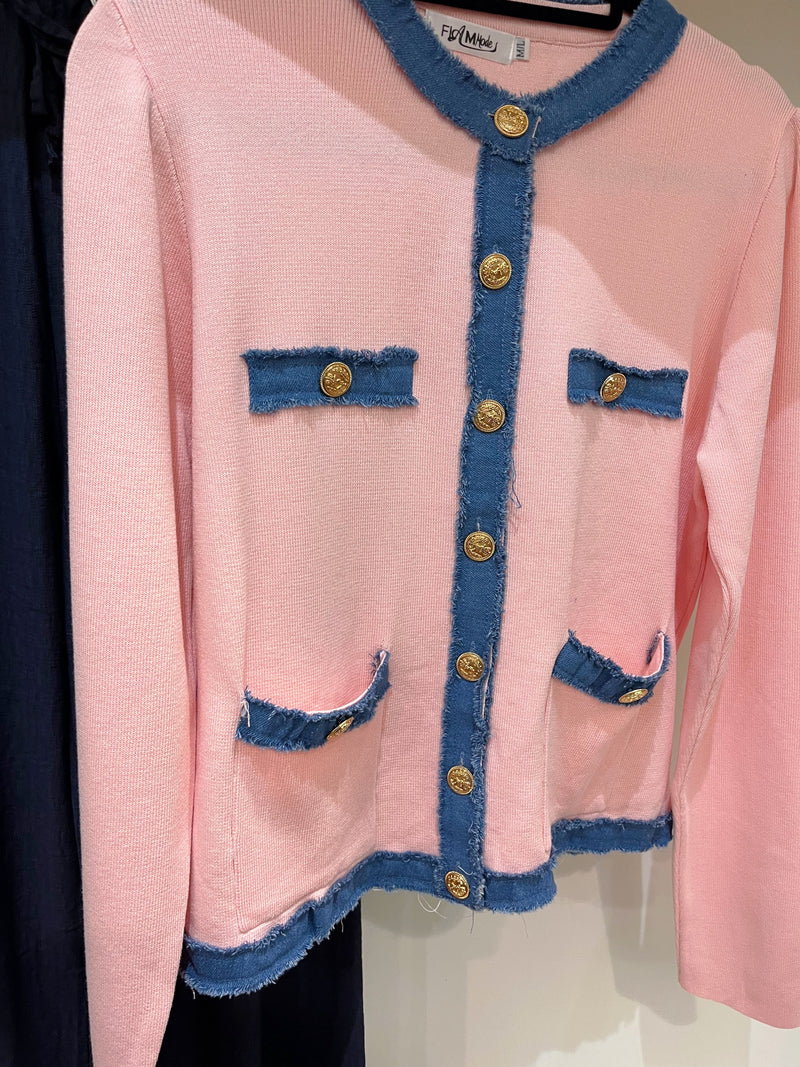 Tori Denim Trim & Gold Button Knit Cardi - Baby Pink