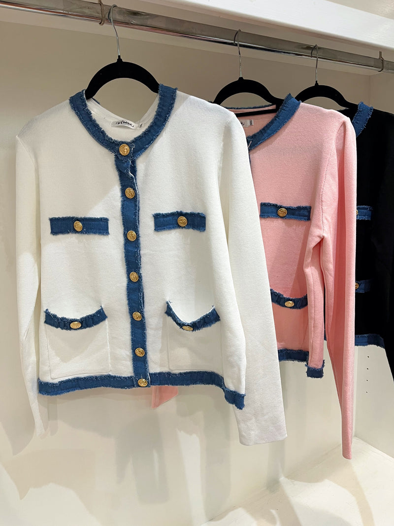 Tori Denim Trim & Gold Button Knit Cardi - Baby Pink