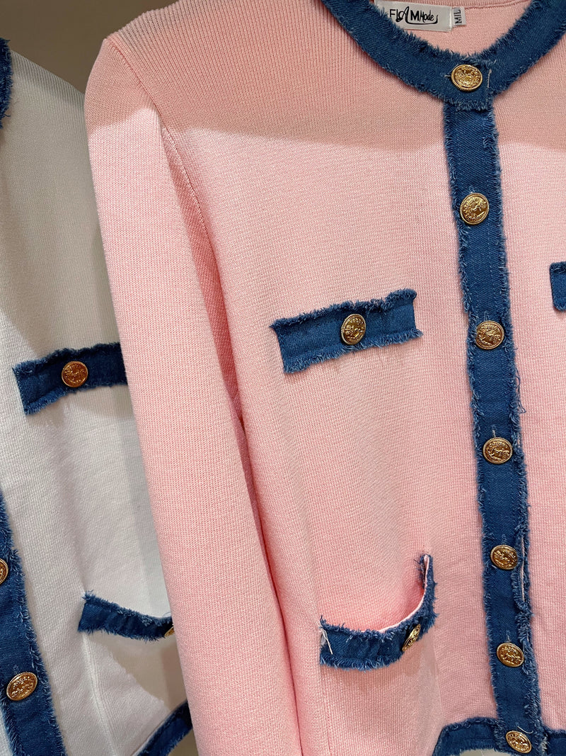 Tori Denim Trim & Gold Button Knit Cardi - Baby Pink