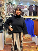 Elsie Fringe Cuff Jumper - Black