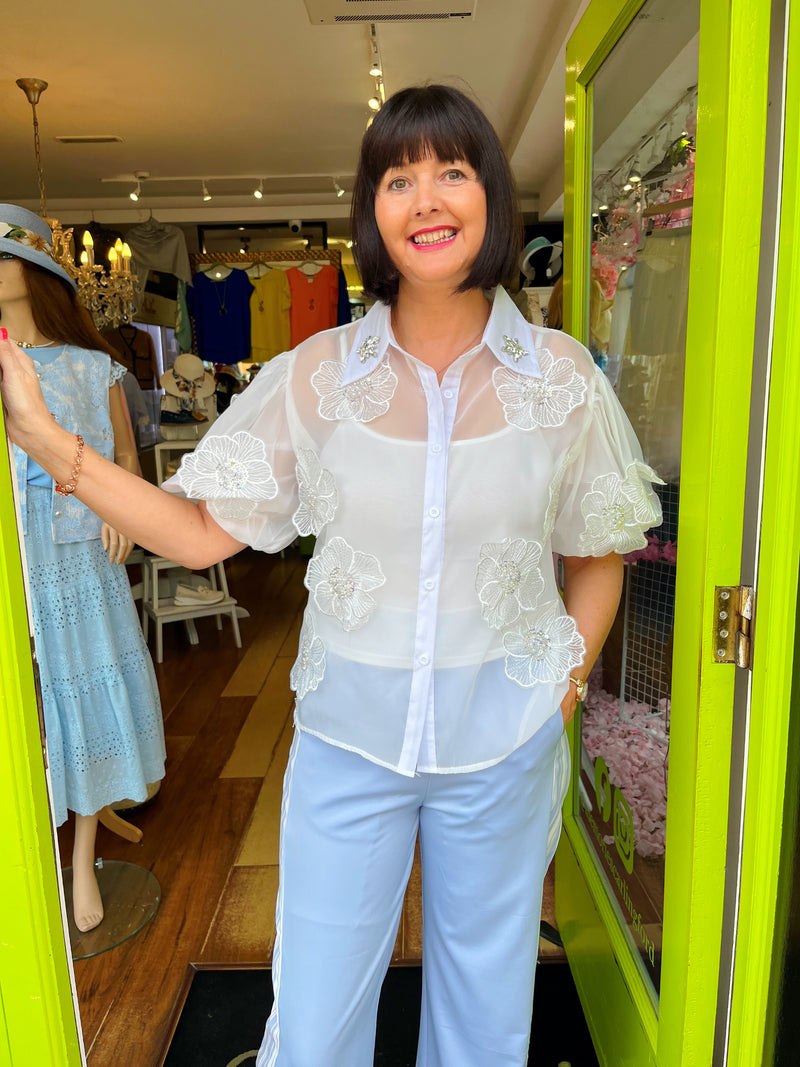 Molly Floral Applique Mesh Shirt - White