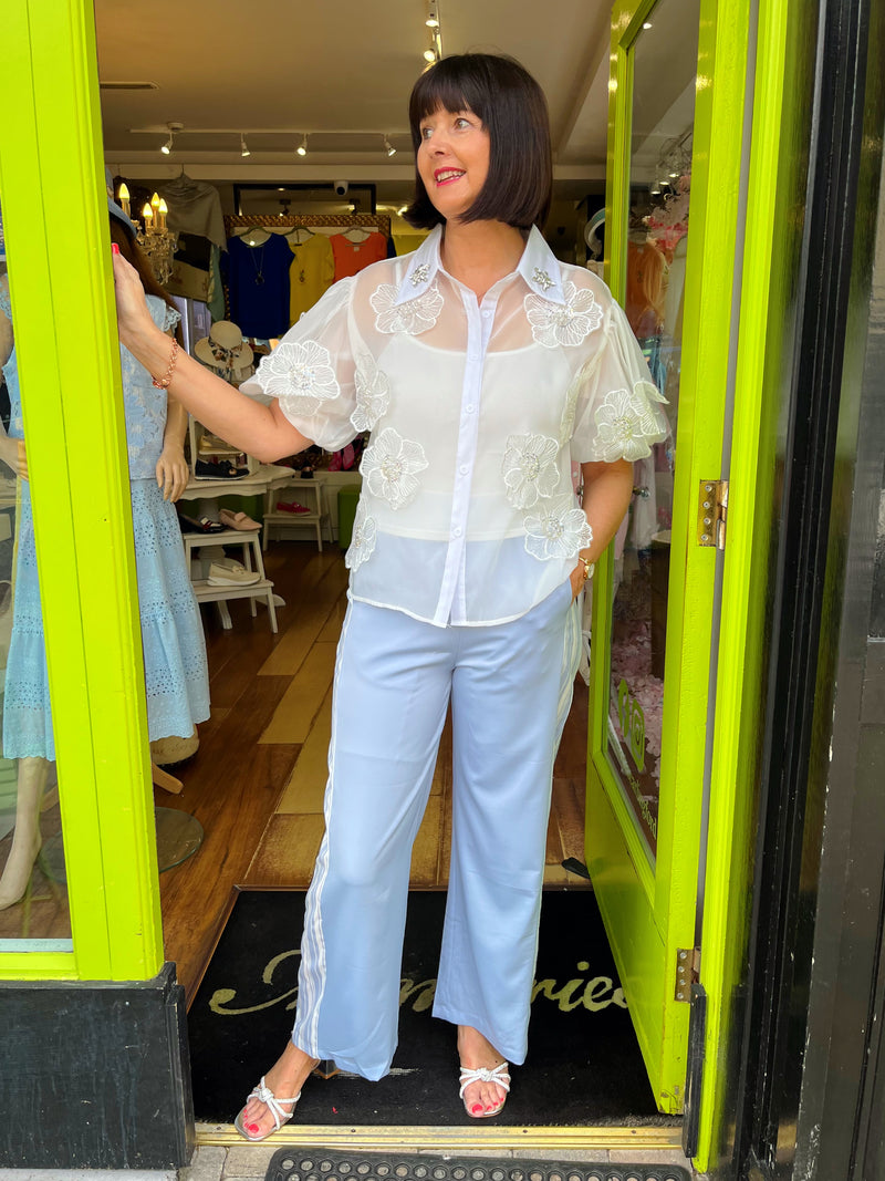 Molly Floral Applique Mesh Shirt - White