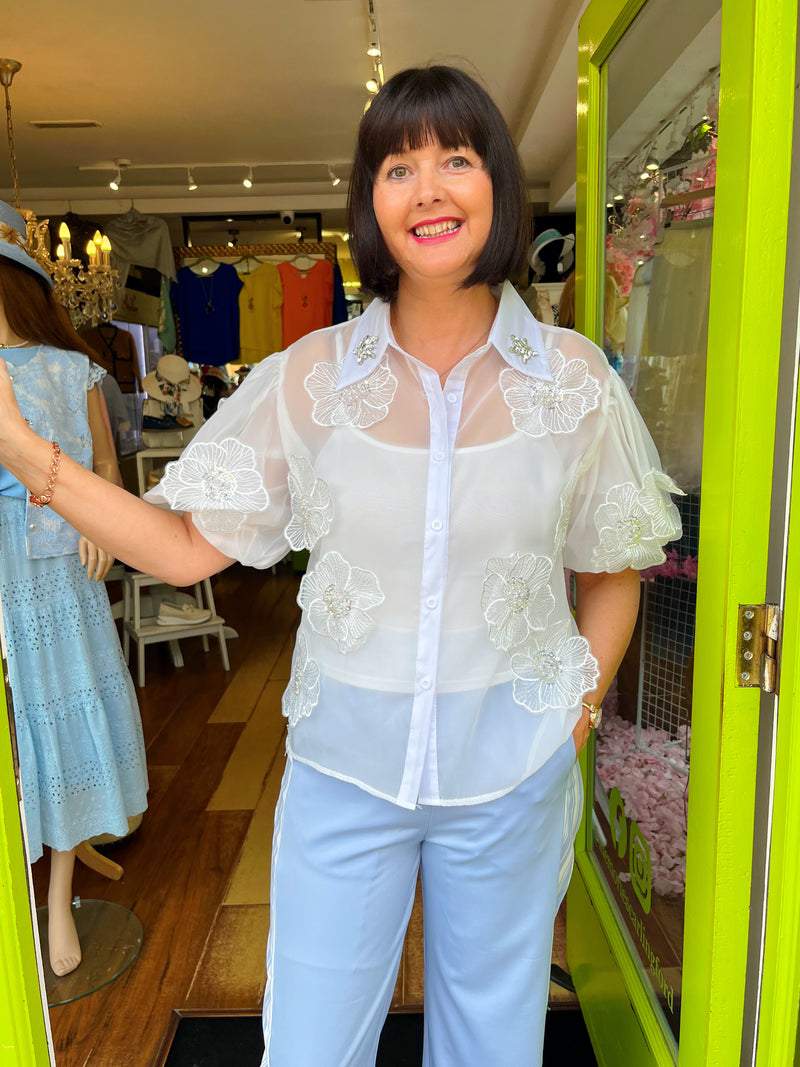 Molly Floral Applique Mesh Shirt - White