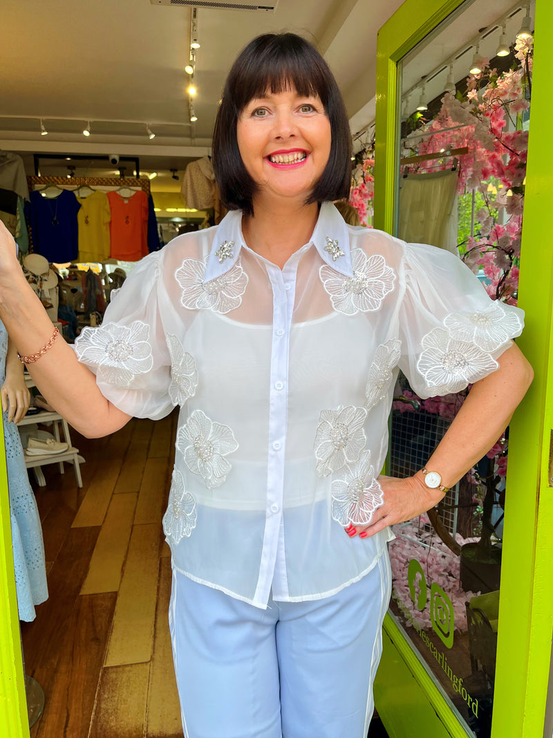 Molly Floral Applique Mesh Shirt - White