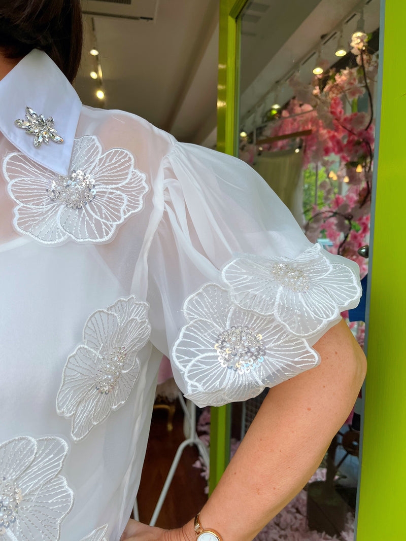 Molly Floral Applique Mesh Shirt - White