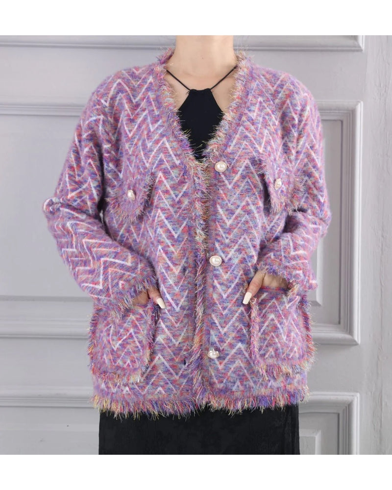 Vivian Pattern Pearl Knitted Jacket - Lavender Rainbow