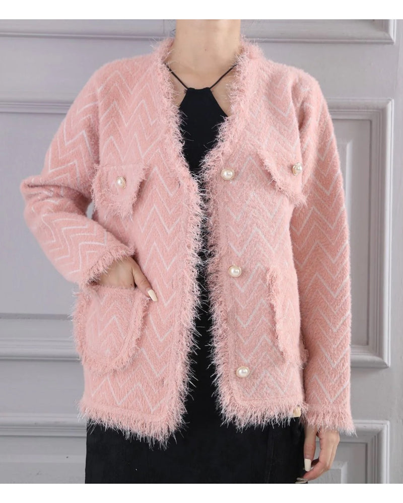 Vivian Pattern Pearl Knitted Jacket - Pink