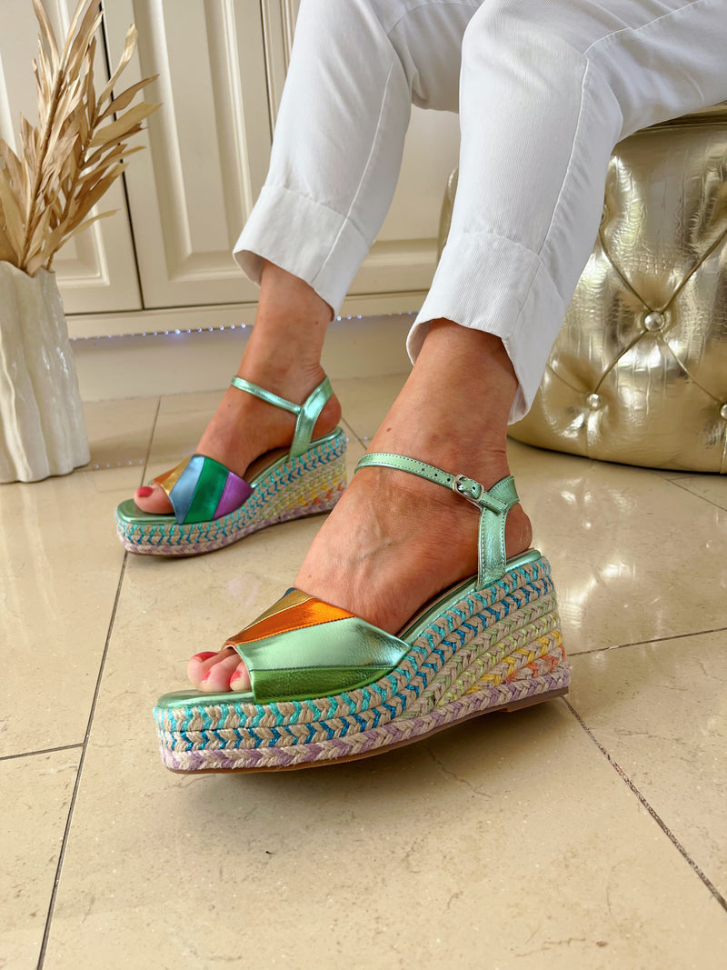 Redz Wedge Rainbow Metallic Sandal -Green Multi TSW300-6