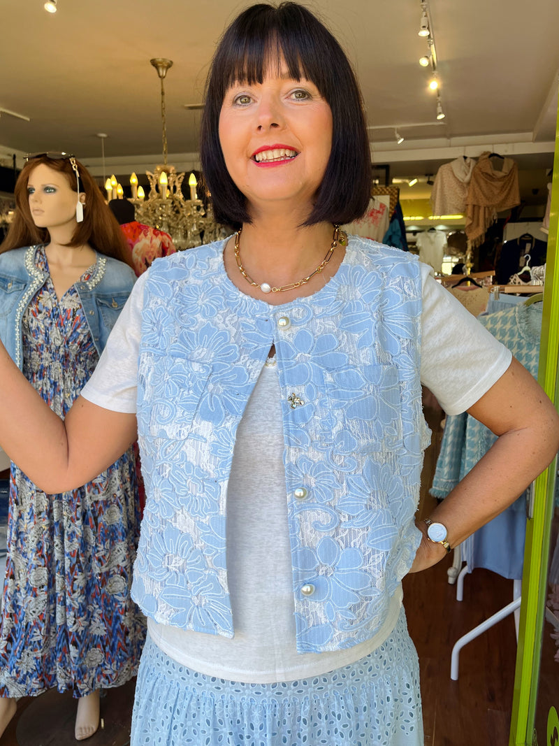 Rae Pearl & Floral Button Lace Waistcoat - Powder Blue