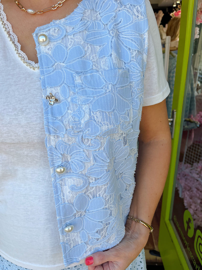 Rae Pearl & Floral Button Lace Waistcoat - Powder Blue