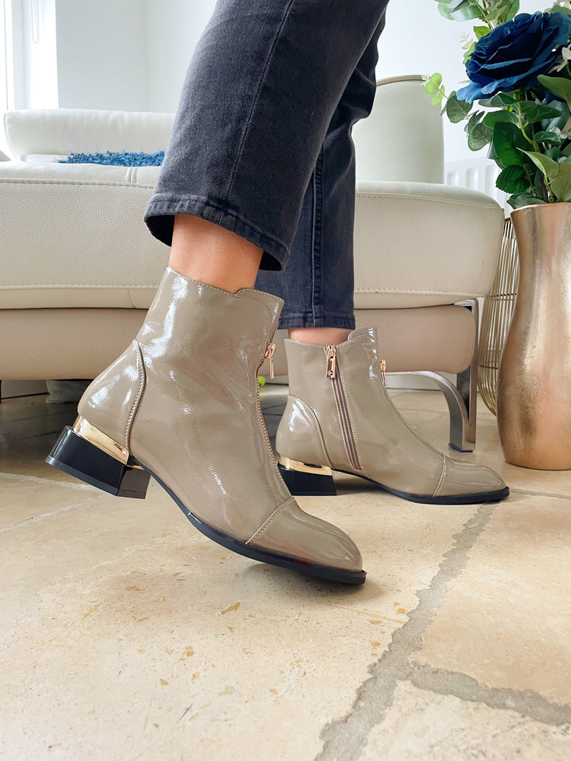 Patrizio Italiano "Geneva Fondazione" Taupe Patent Ankle Boot