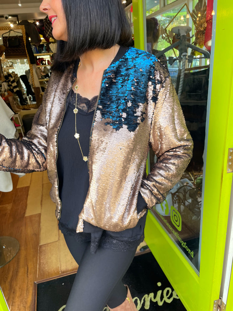 Klipso Bronze To Cerulean Sequin Bomber Jacket