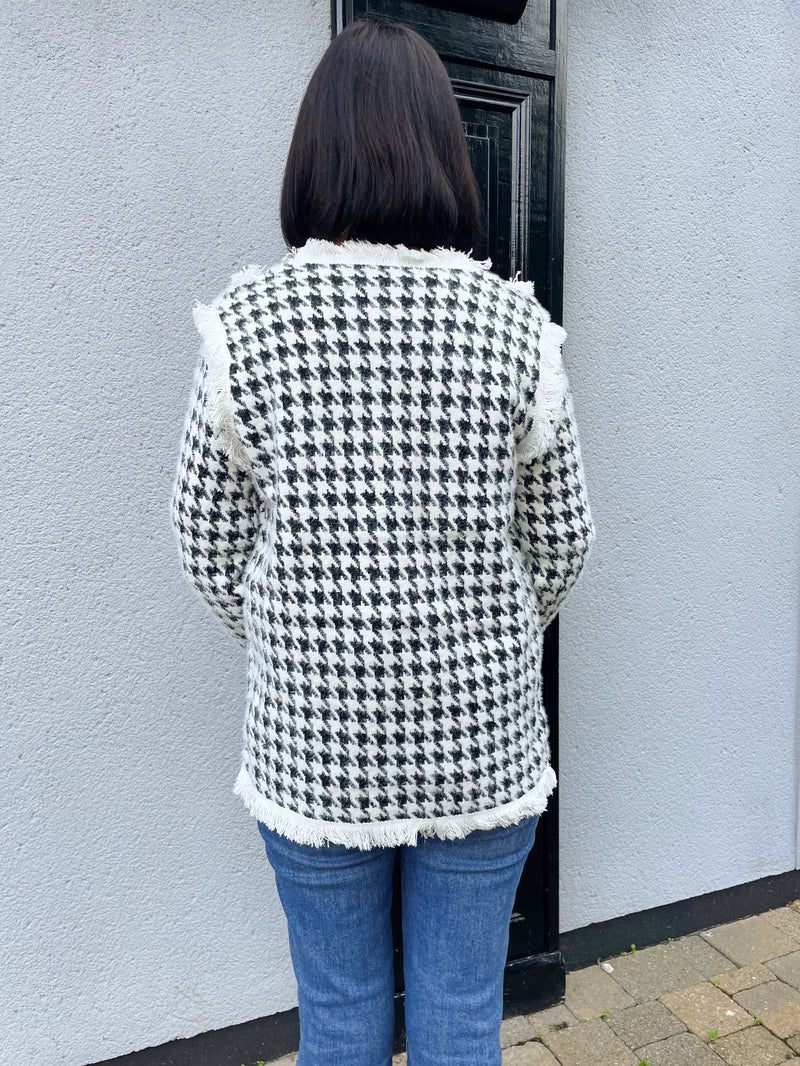 Darla Fringe & Pearl Knitted Jacket - Houndstooth Monochrome