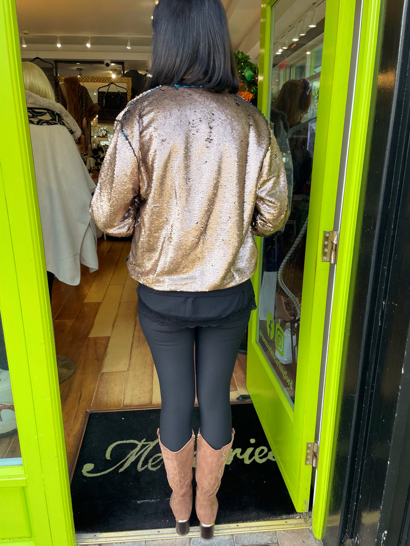 Klipso Bronze To Cerulean Sequin Bomber Jacket