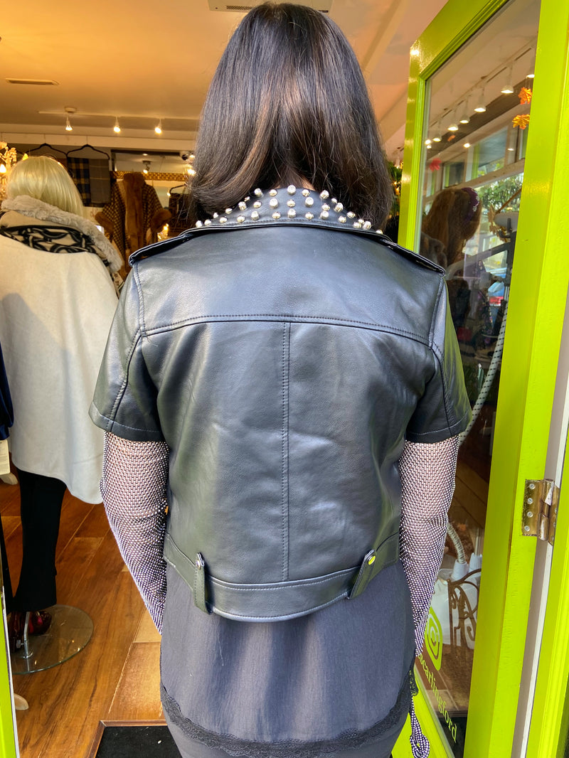 Meagan Mesh Crystal Sleeve Biker Leather Jacket