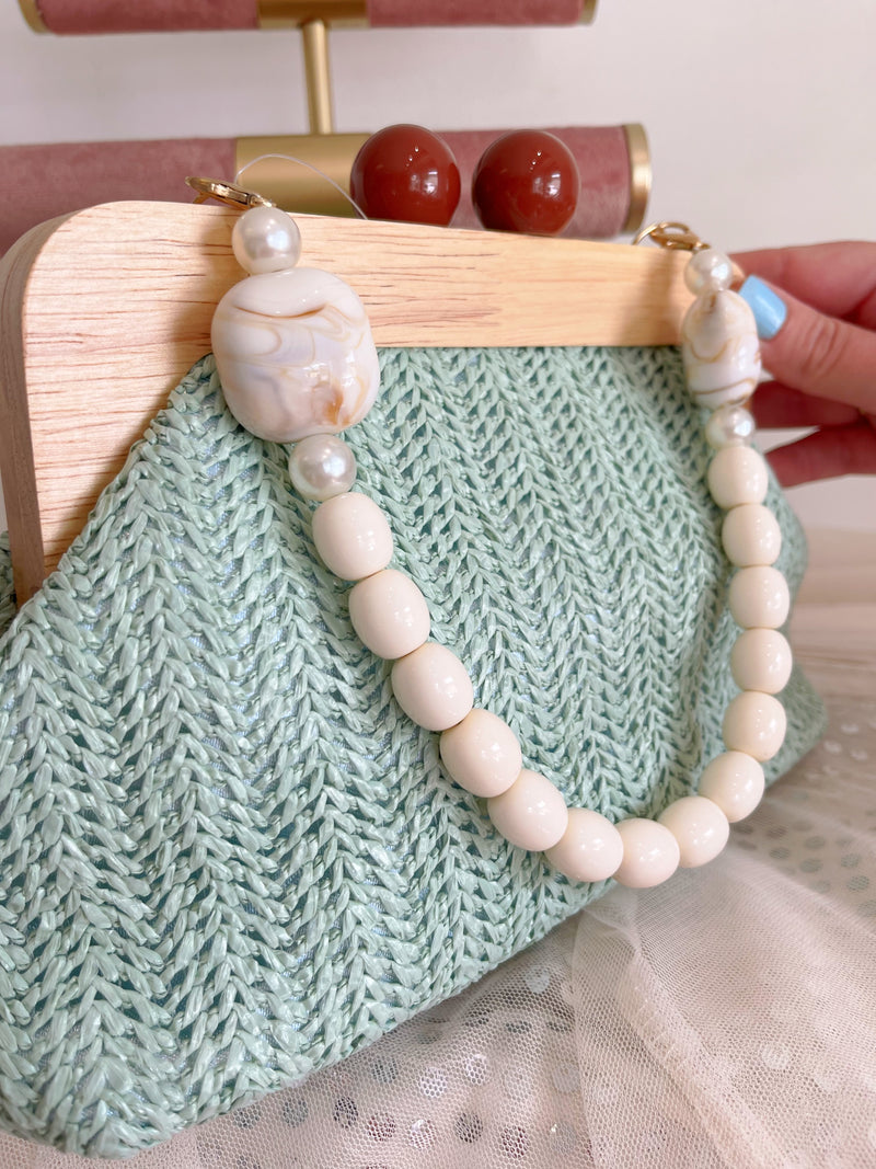 Drew Straw Bag With Pearl & Enamel Handle - Sage Green