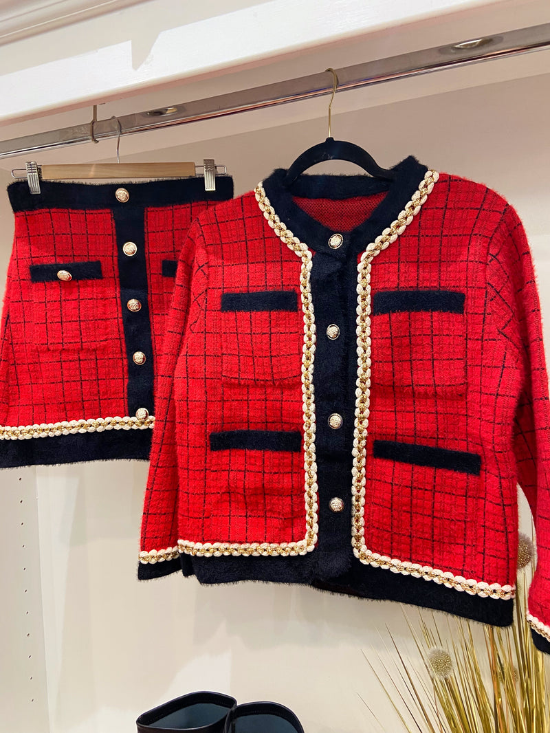 Caroline Co-Ord Tweed Knitted Jacket & Skirt Set - Red