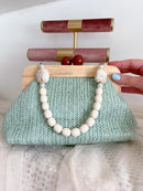 Drew Straw Bag With Pearl & Enamel Handle - Sage Green