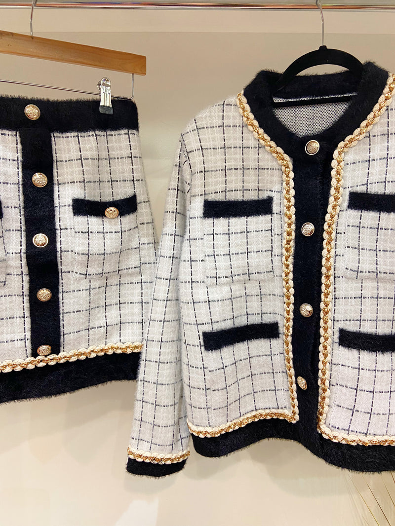Caroline Co-Ord Tweed Knitted Jacket & Skirt Set - Winter White & Grey