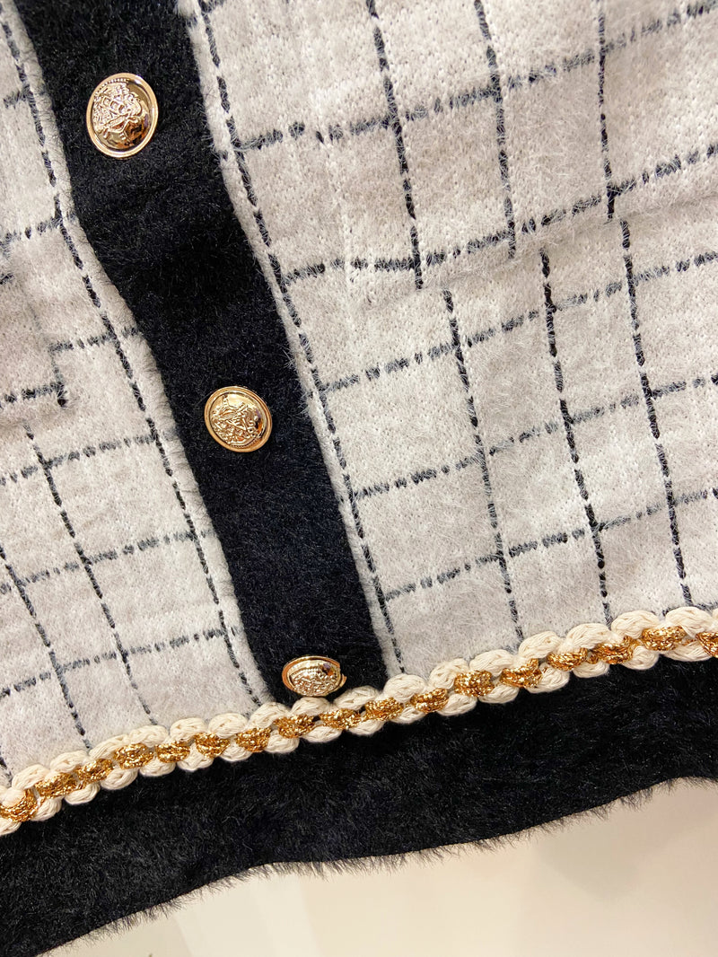 Caroline Co-Ord Tweed Knitted Jacket & Skirt Set - Winter White & Grey