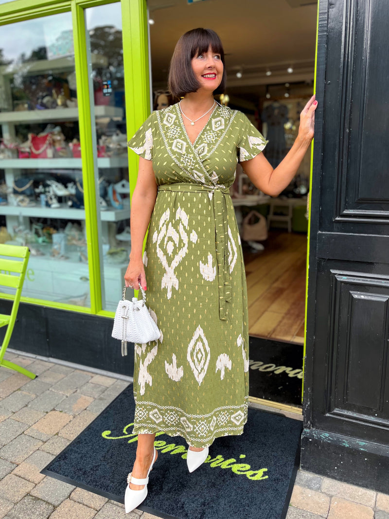 Darla Gold & Cream Print Dress - Olive Green Darla Gold & Cream Print Dress - Olive Green