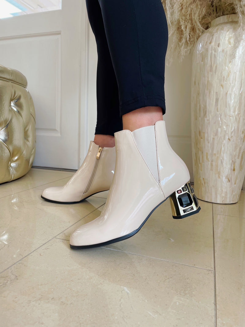 Redz Crystal Heel Ankle Boot - Beige Patent F4114