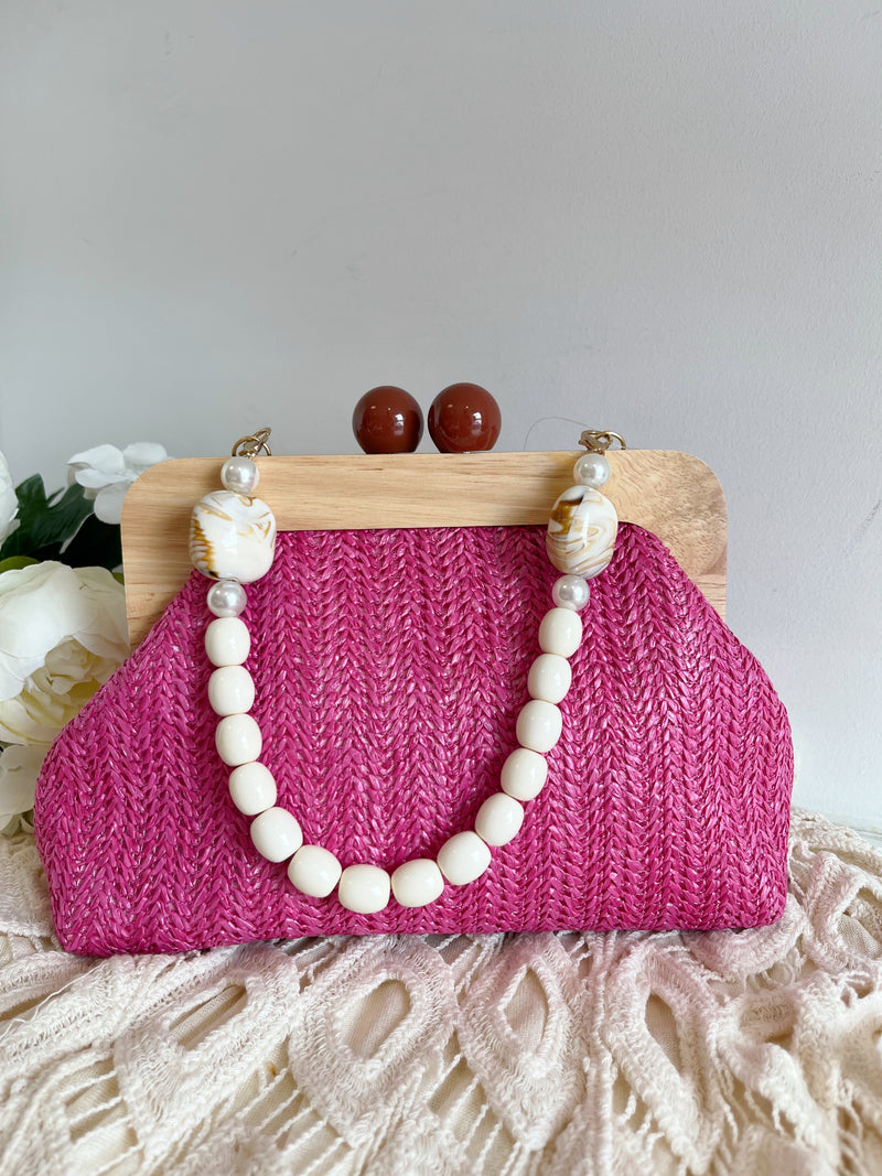 Drew Straw Bag With Pearl & Enamel Handle - Pink