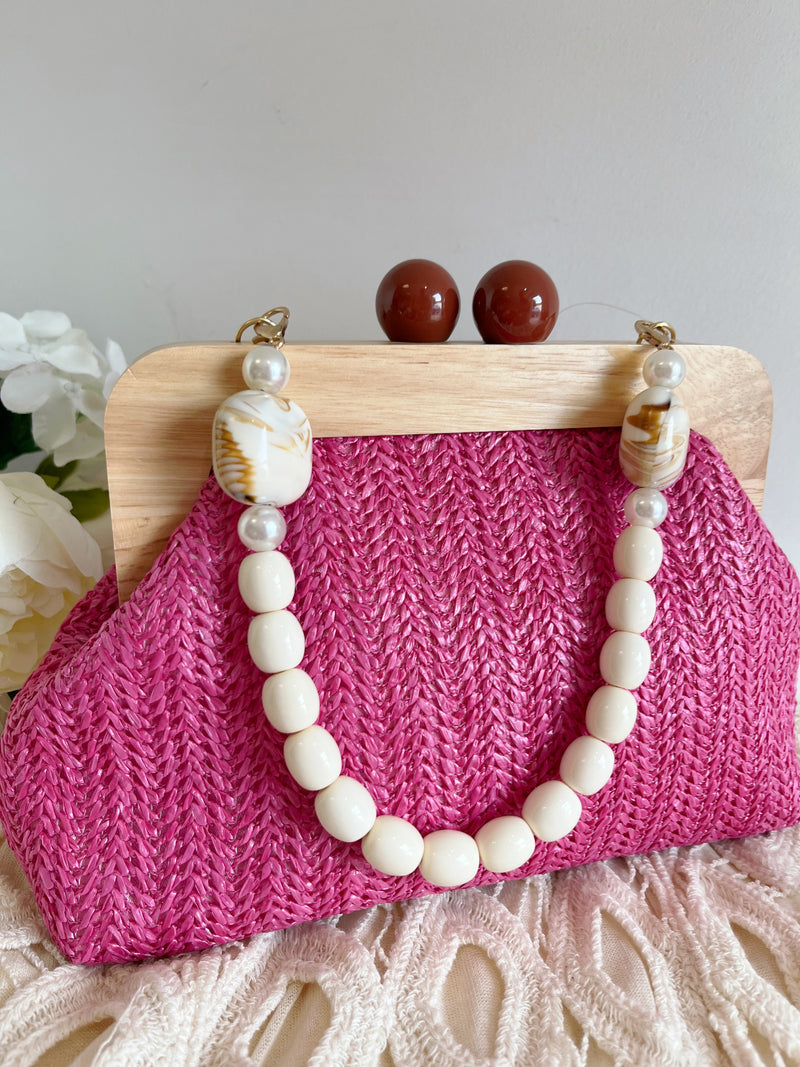 Drew Straw Bag With Pearl & Enamel Handle - Pink
