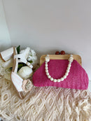 Drew Straw Bag With Pearl & Enamel Handle - Pink
