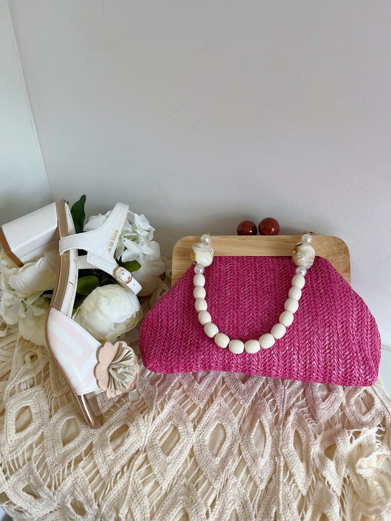 Drew Straw Bag With Pearl & Enamel Handle - Pink