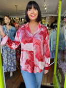 Gayle Diamante Embellished & Print Shirt - Red & Pink