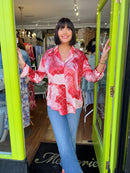 Gayle Diamante Embellished & Print Shirt - Red & Pink