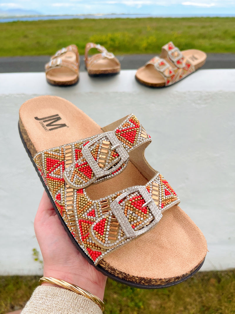Jm Crystal & Bead Sliders - Coral, Camel, Gold & Crystal