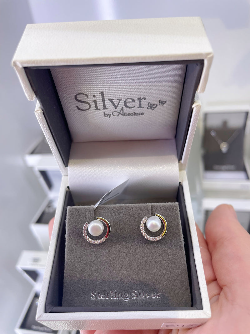 Absolute Sterling Silver Pearl Circle Earrings SE281SL