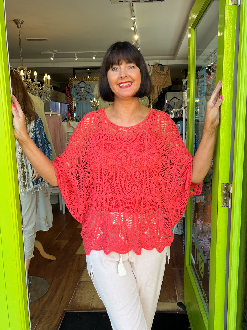 Greta Batwing Paisley Crochet Top - Coral
