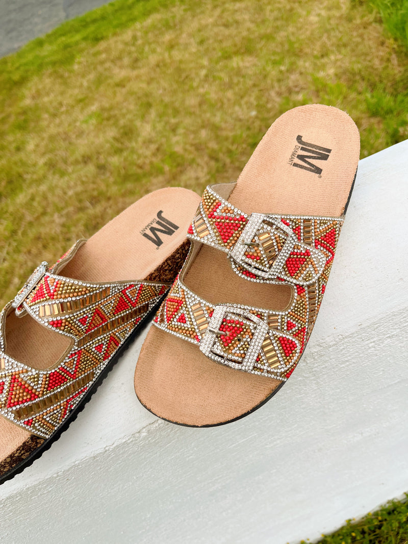 Jm Crystal & Bead Sliders - Coral, Camel, Gold & Crystal