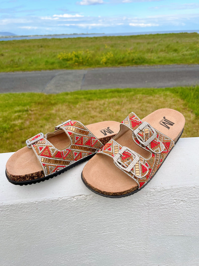 Jm Crystal & Bead Sliders - Coral, Camel, Gold & Crystal