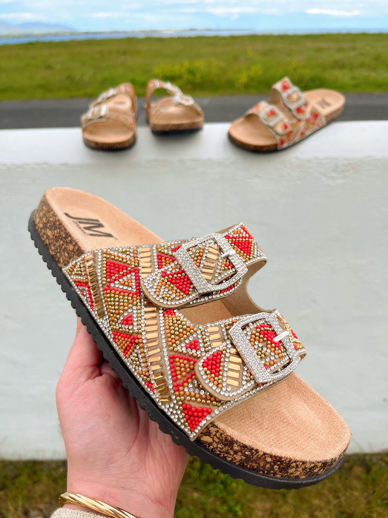 Jm Crystal & Bead Sliders - Coral, Camel, Gold & Crystal