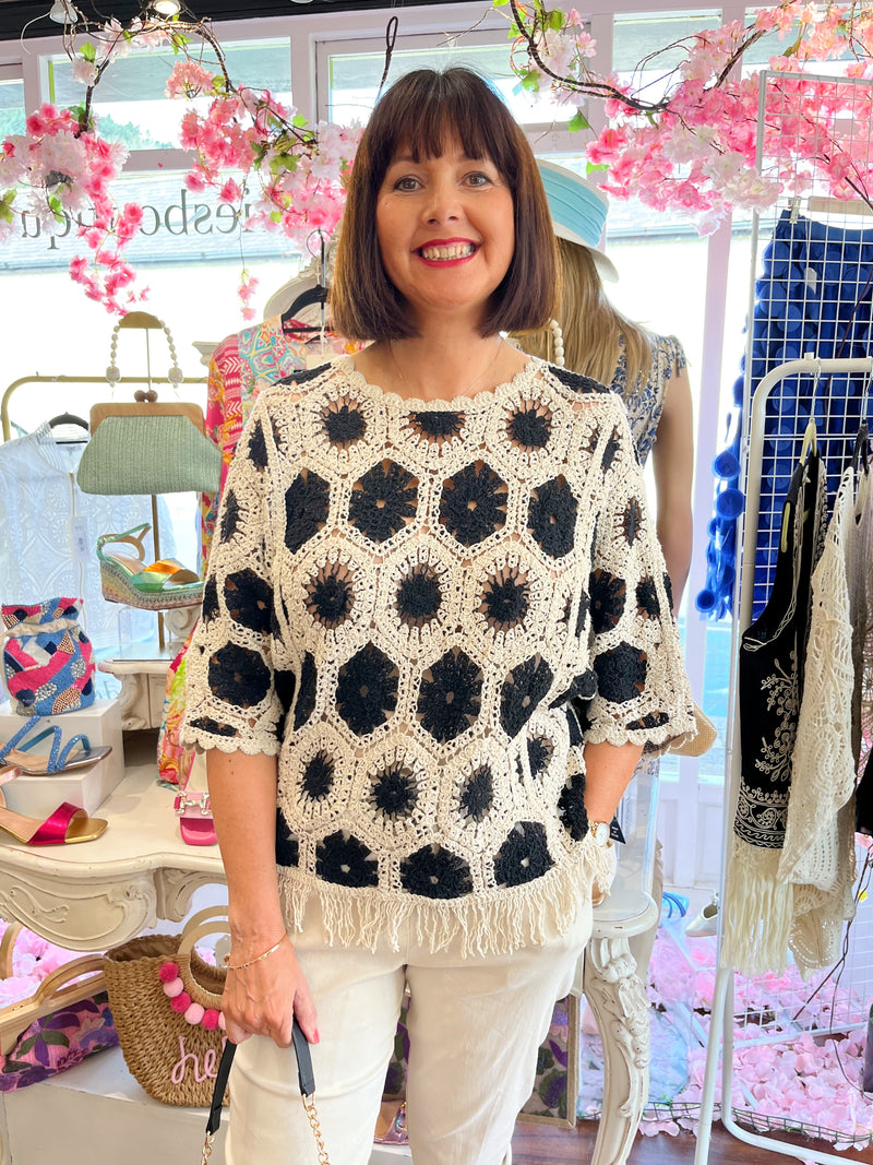 Monia Crochet & Tassel Knit Jumper - Black & Cream