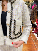 Janet Co-Ord Tweed Knitted Jacket & Skirt Set - Cream with Black & Gold