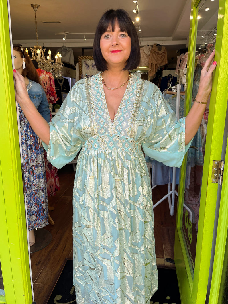 Thea Gold Embroidered Dress - Mint