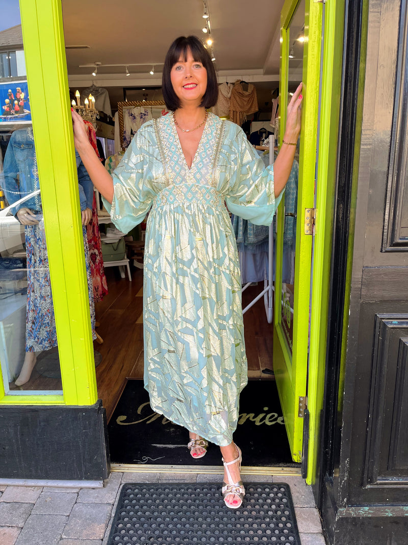 Thea Gold Embroidered Dress - Mint