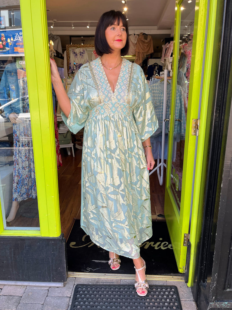 Thea Gold Embroidered Dress - Mint