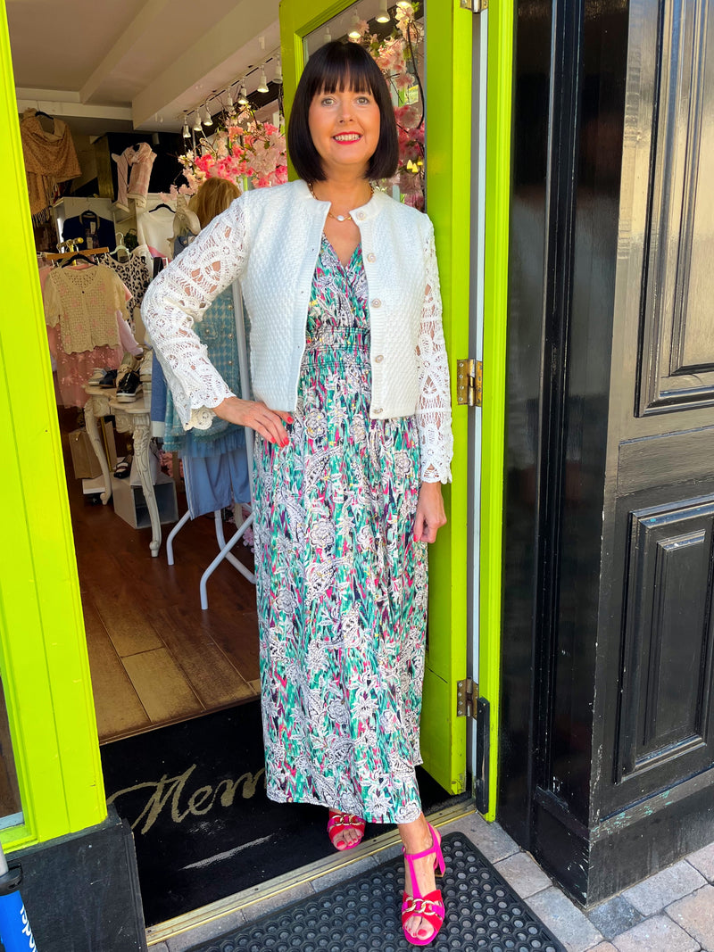 Magic Floral & Gold Speckle Maxi Dress - Green & Magenta