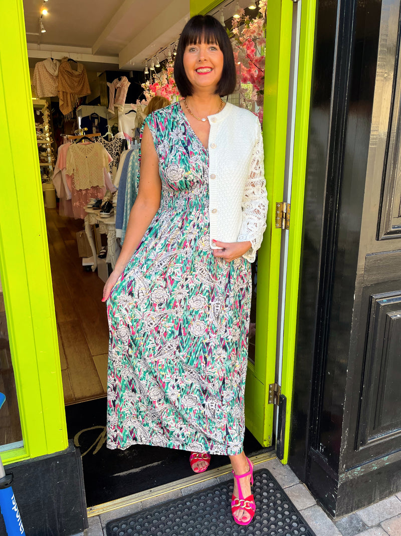 Magic Floral & Gold Speckle Maxi Dress - Green & Magenta