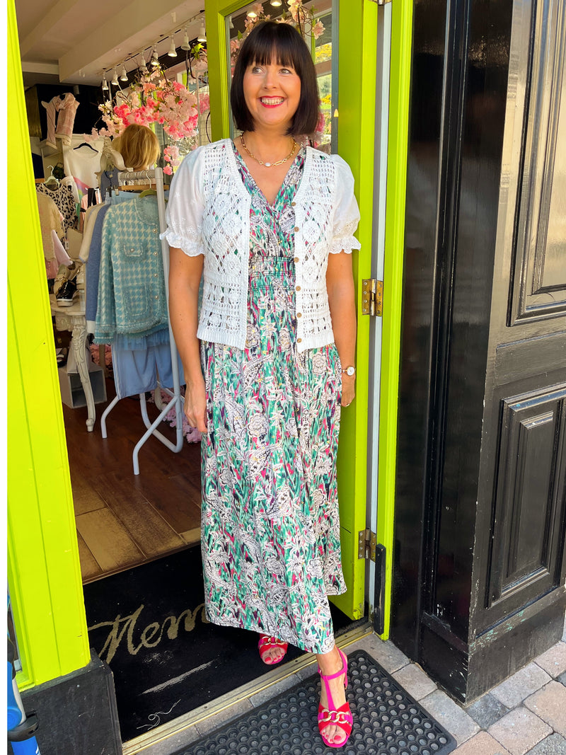 Magic Floral & Gold Speckle Maxi Dress - Green & Magenta