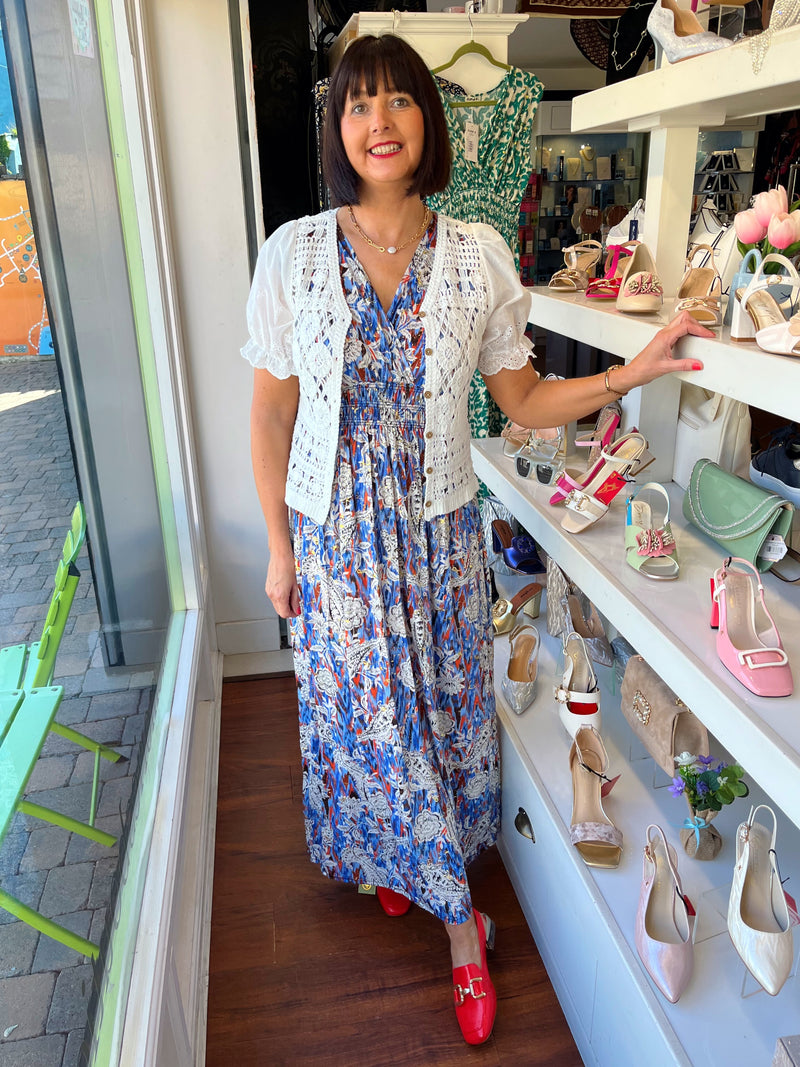 Magic Floral & Gold Speckle Maxi Dress - Blue & Orange