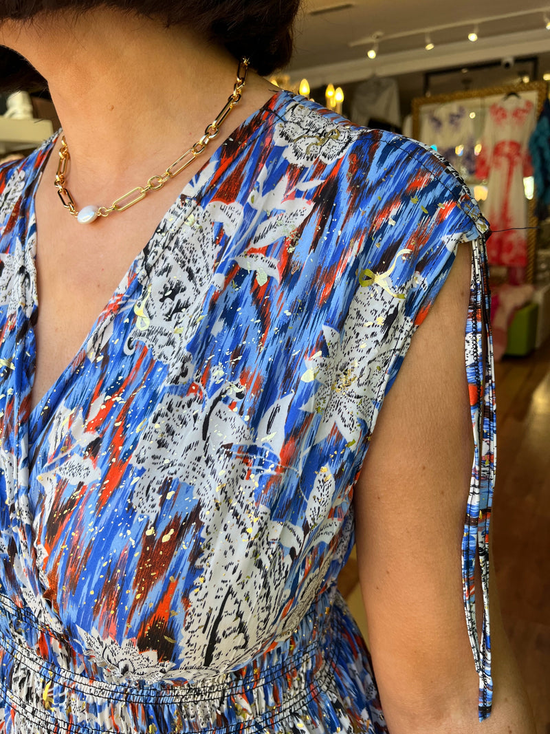 Magic Floral & Gold Speckle Maxi Dress - Blue & Orange