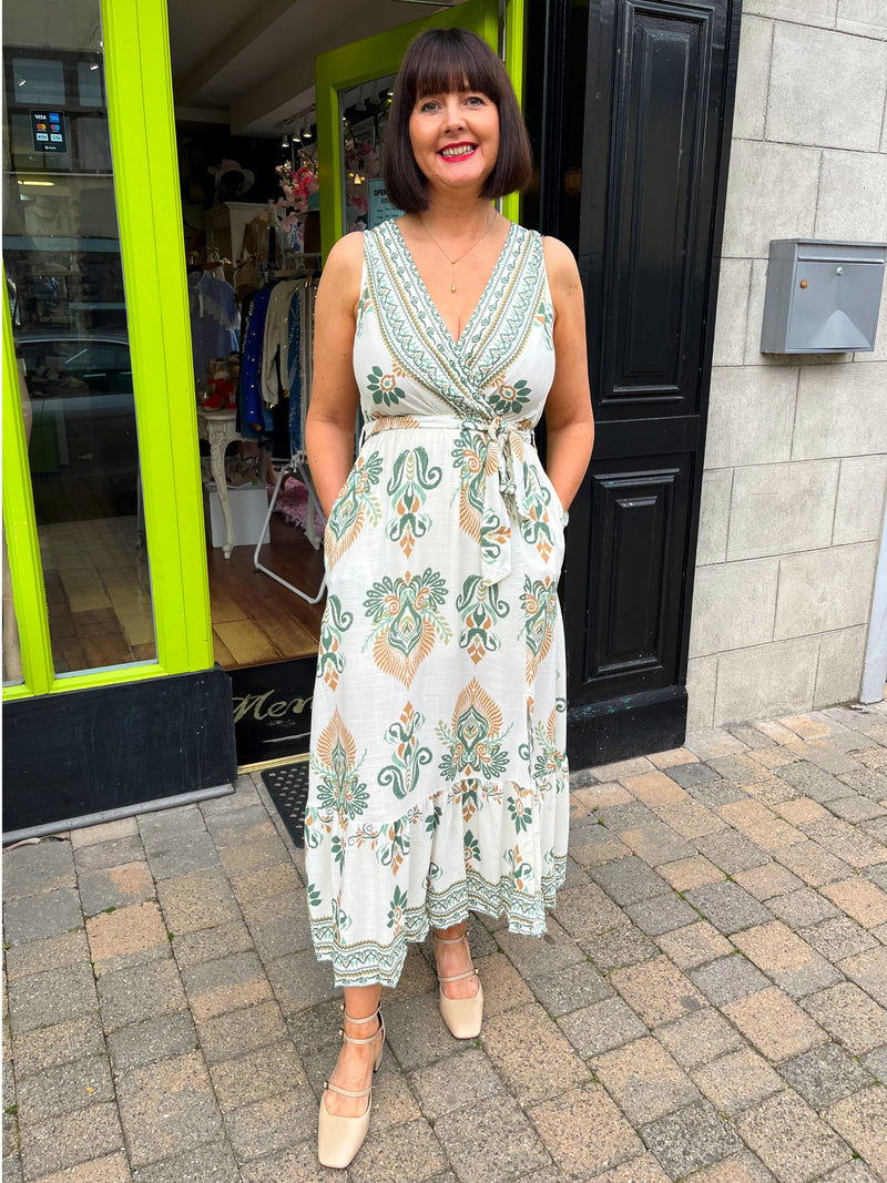 Willow Printed Dress with Pockets- Cream & Green